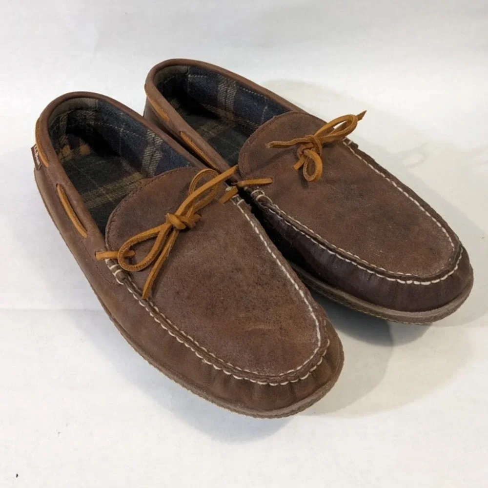 LL Bean Mens Leather Moccasin Slippers Brown Plaid Flannel Lined Size 12